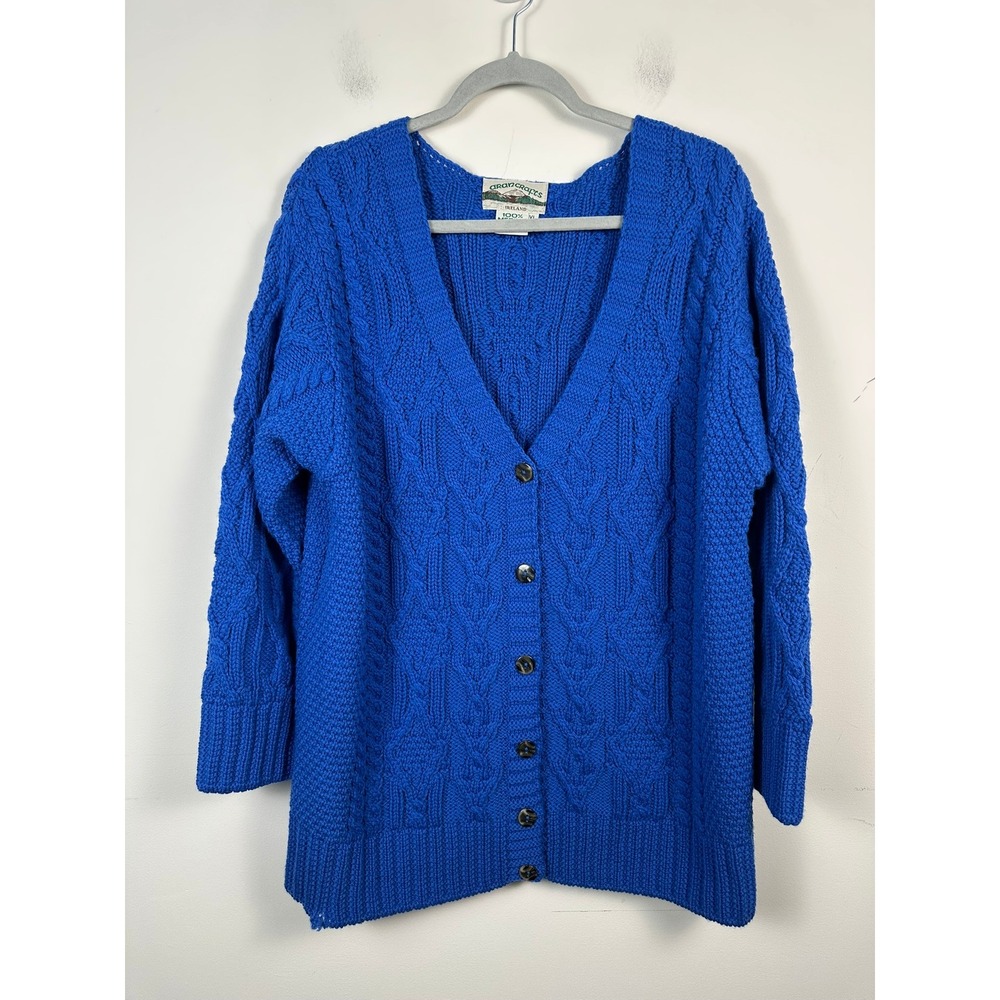 Aran Crafts Cardigan Women XL Blue Good 100% Merino Wool Irish Cable Knit V-Neck